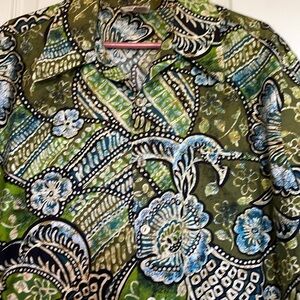 Men’s XL Barefoot in Paradise Hawaiian shirt Olive greens & blue floral collar